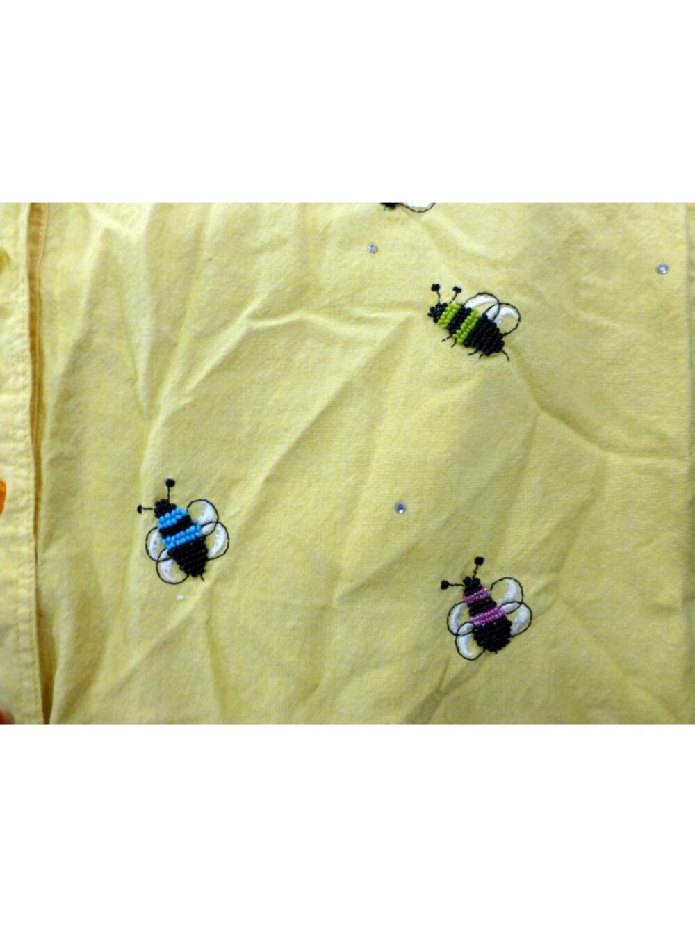 Bee-Themed Yellow Button-Up Shirt Quacker Factory Embroidery & Rhinestones L Lon - Picture 8 of 13